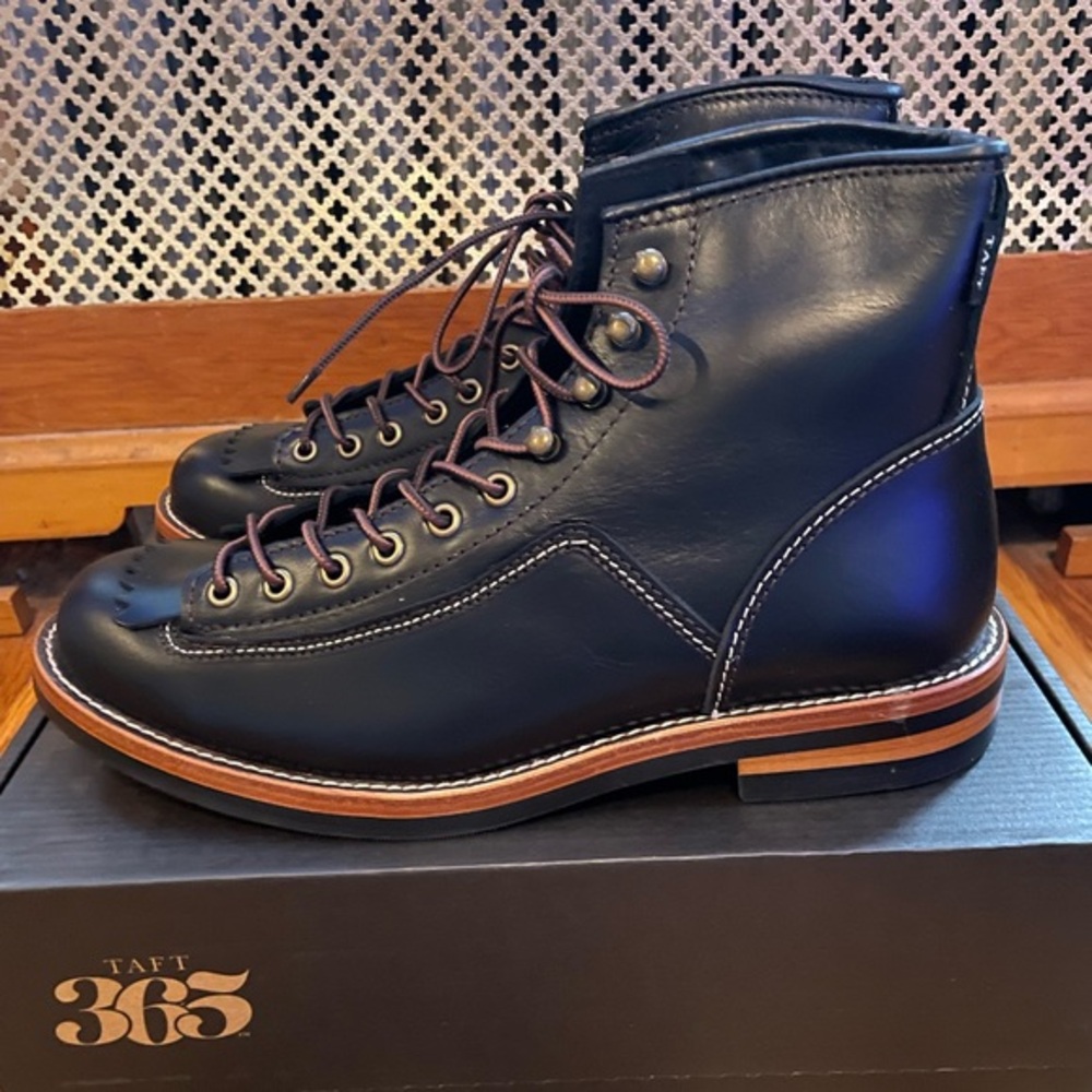 Taft Black Leather Moc Toe Boots with Brown Layered Sole